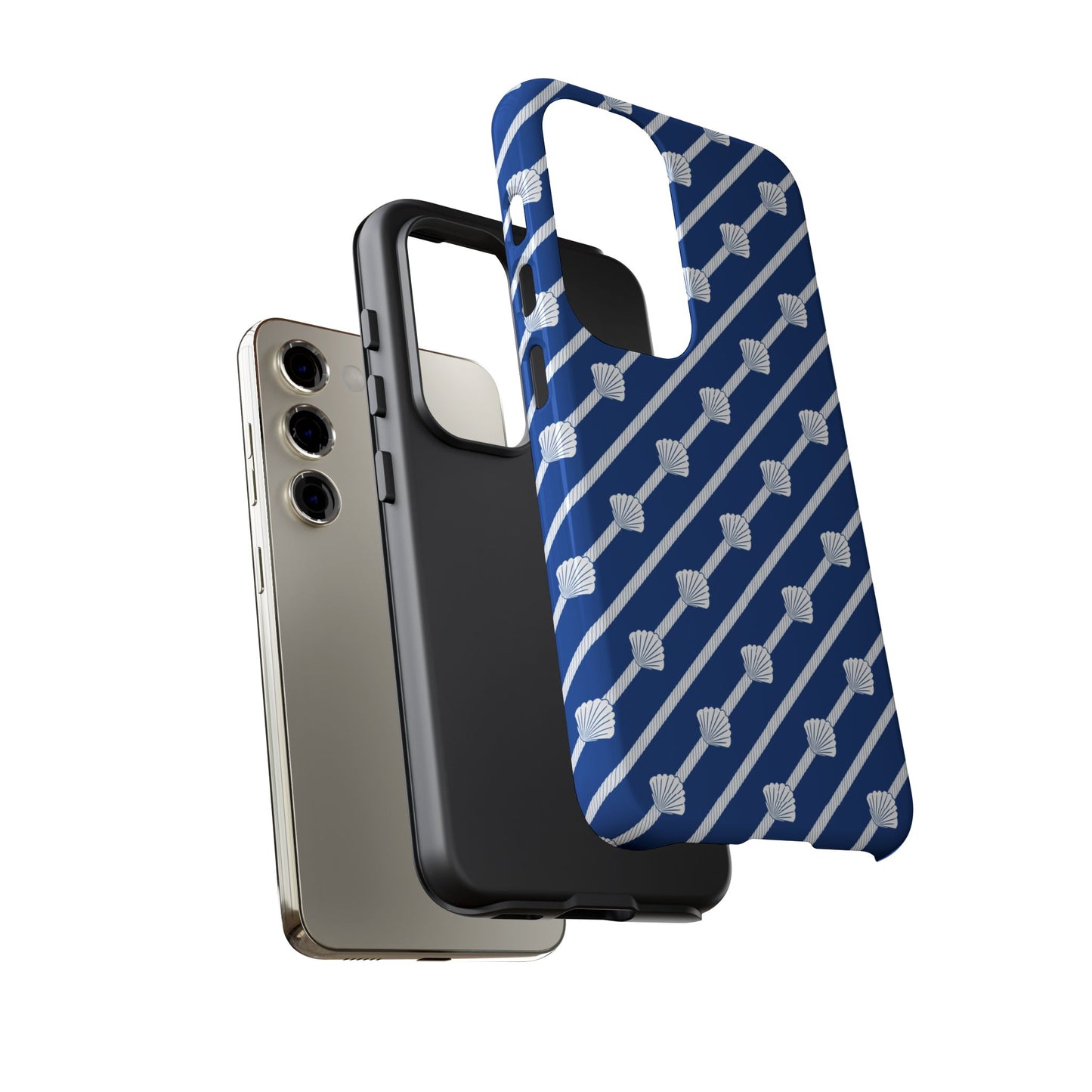 Navy Blue Seashell Phone Case for iPhone Samsung Pixel – Nautical Coastal Stripe Aesthetic - JGUS