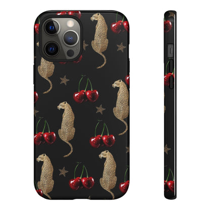 Cherry Leopard Phone Case – Glossy Black Protective Case for iPhone & Samsung