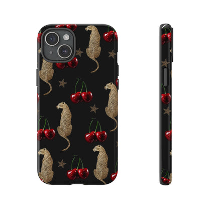 Cherry Leopard Phone Case – Glossy Black Protective Case for iPhone & Samsung