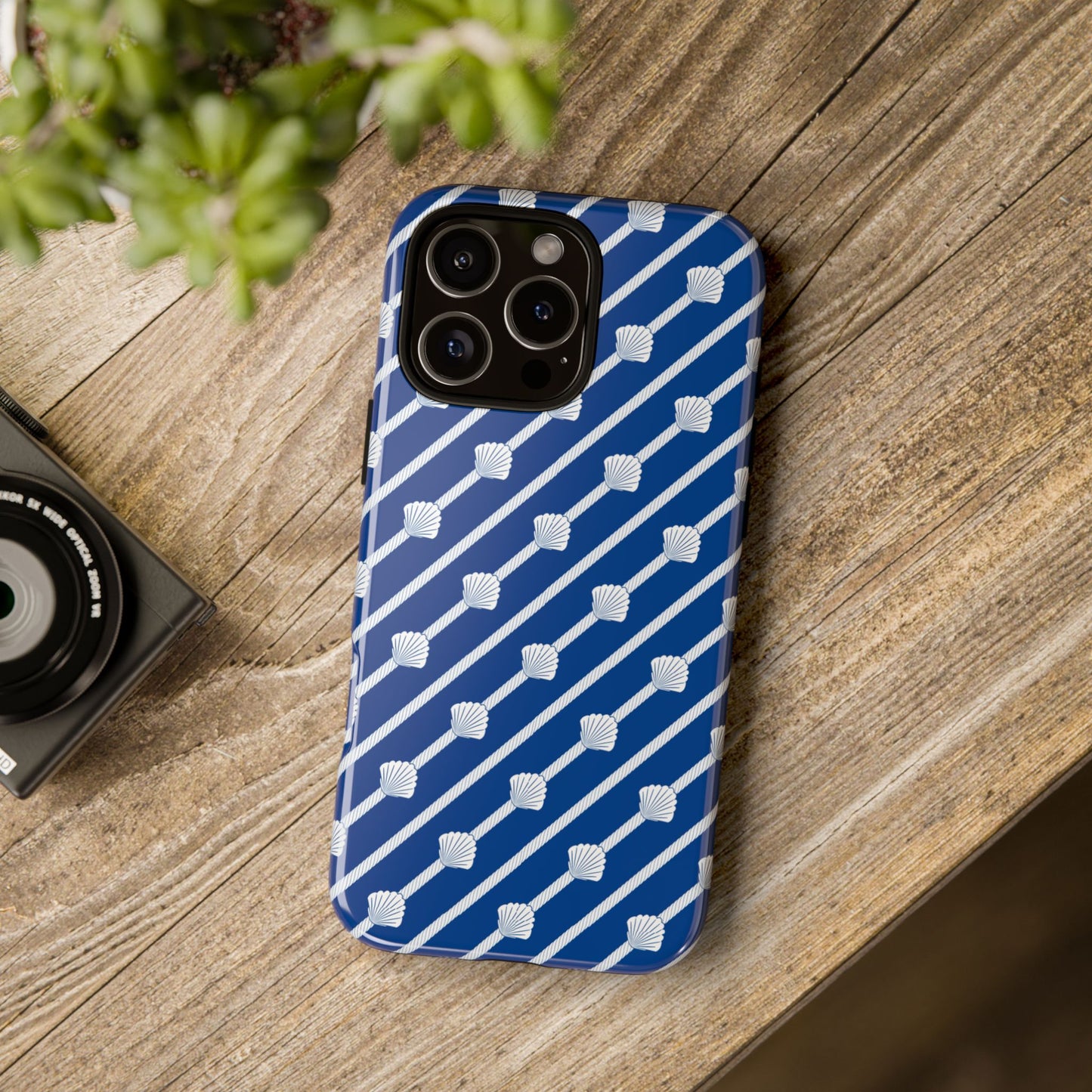 Navy Blue Seashell Phone Case for iPhone Samsung Pixel – Nautical Coastal Stripe Aesthetic - JGUS