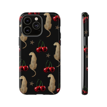 Cherry Leopard Phone Case – Glossy Black Protective Case for iPhone & Samsung