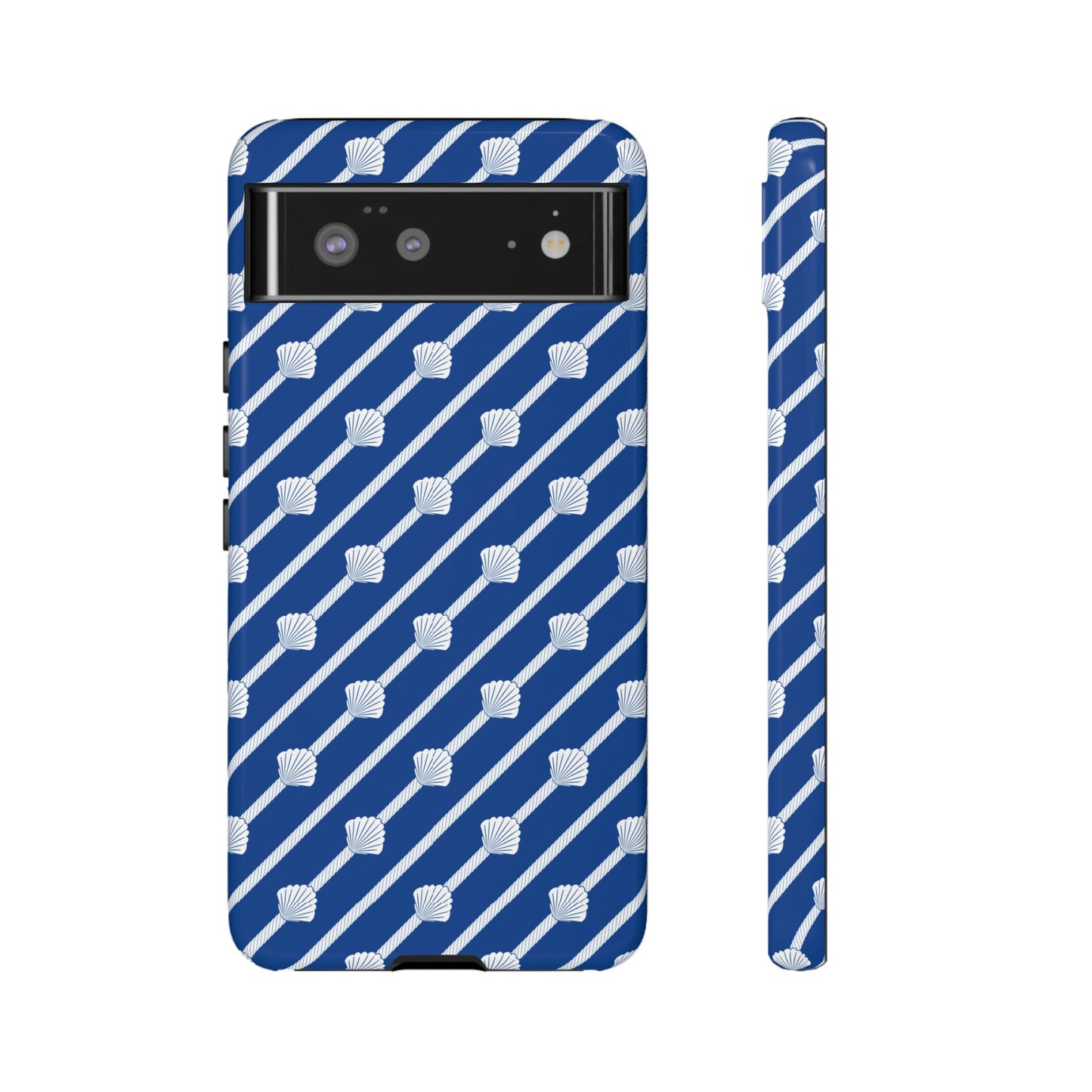 Navy Blue Seashell Phone Case for iPhone Samsung Pixel – Nautical Coastal Stripe Aesthetic - JGUS