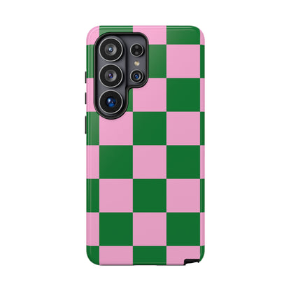 Pink Retro Checkered Phone Case – 90s Aesthetic, Vintage Grid Pattern for iPhone & Samsung - JGUS