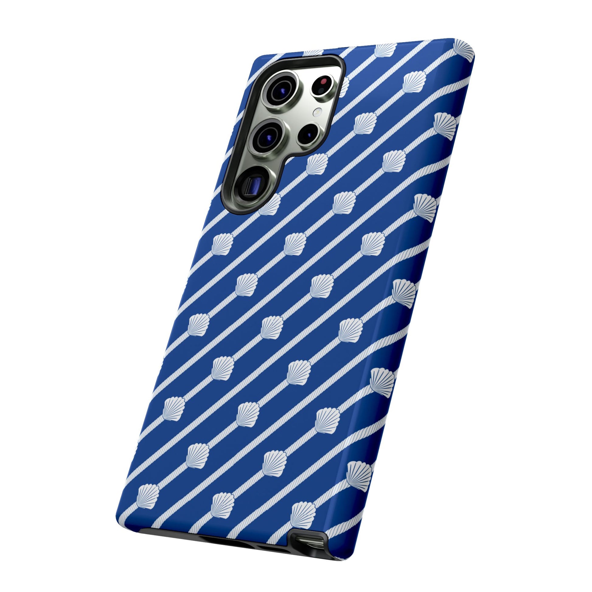 Navy Blue Seashell Phone Case for iPhone Samsung Pixel – Nautical Coastal Stripe Aesthetic - JGUS