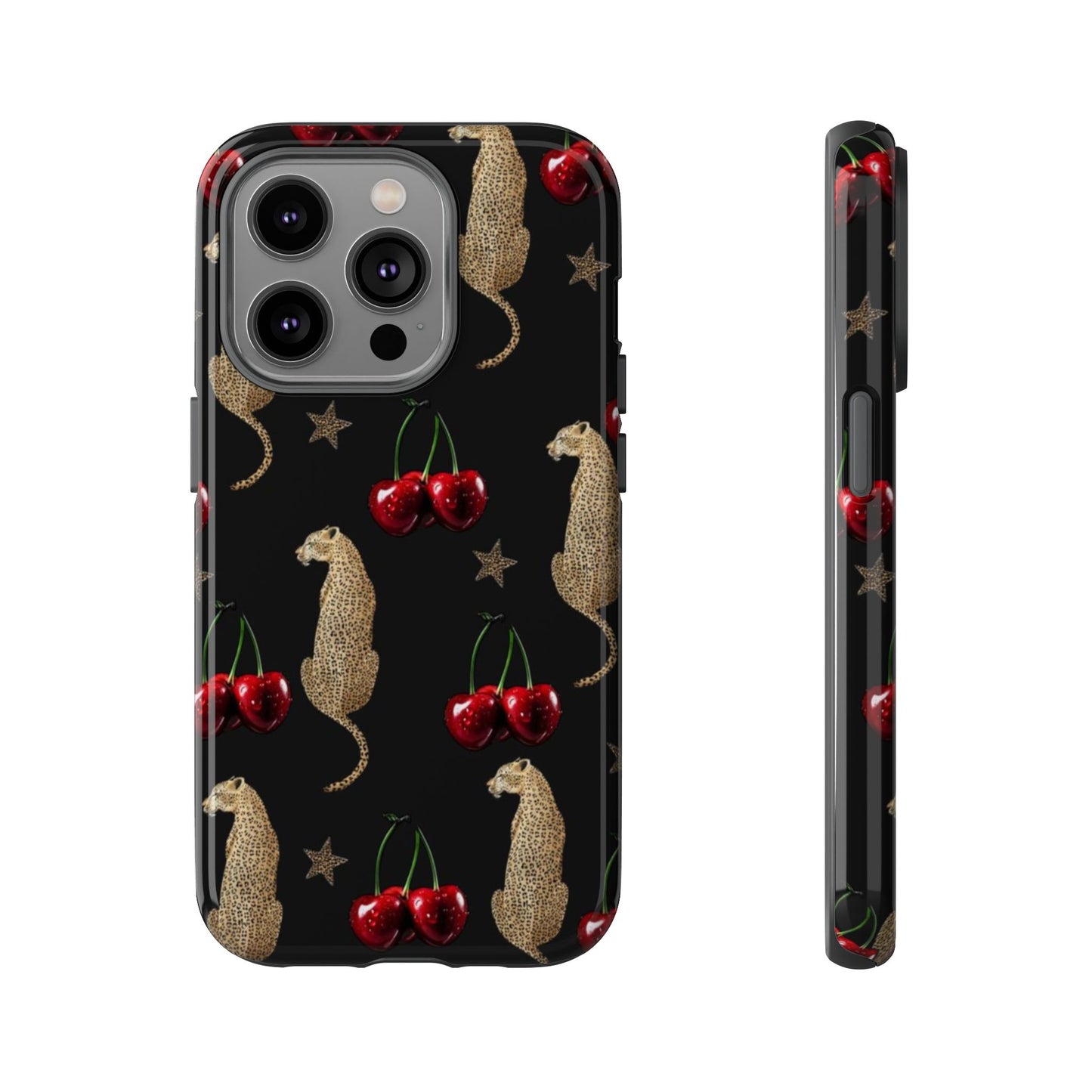 Cherry Leopard Phone Case – Glossy Black Protective Case for iPhone & Samsung