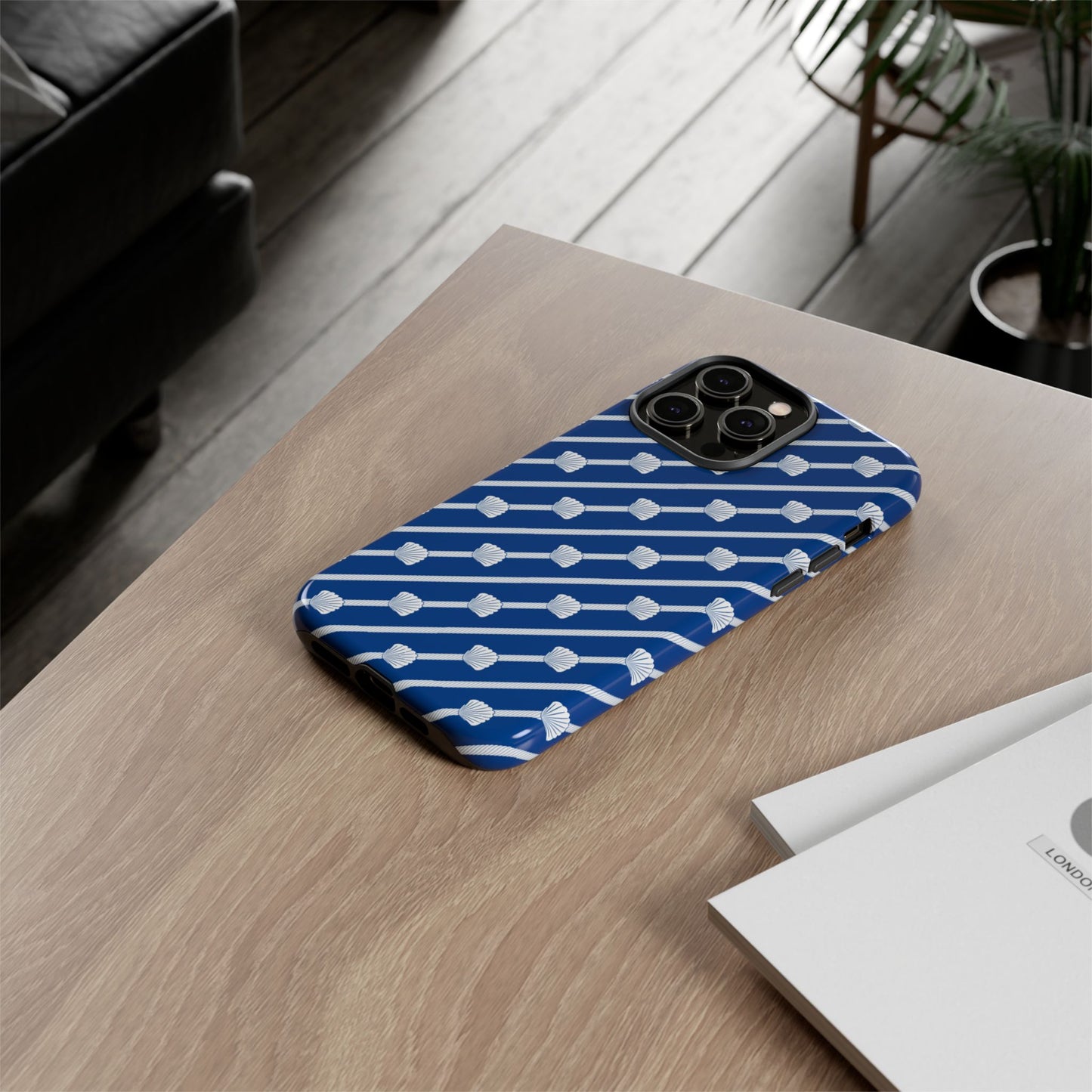 Navy Blue Seashell Phone Case for iPhone Samsung Pixel – Nautical Coastal Stripe Aesthetic - JGUS