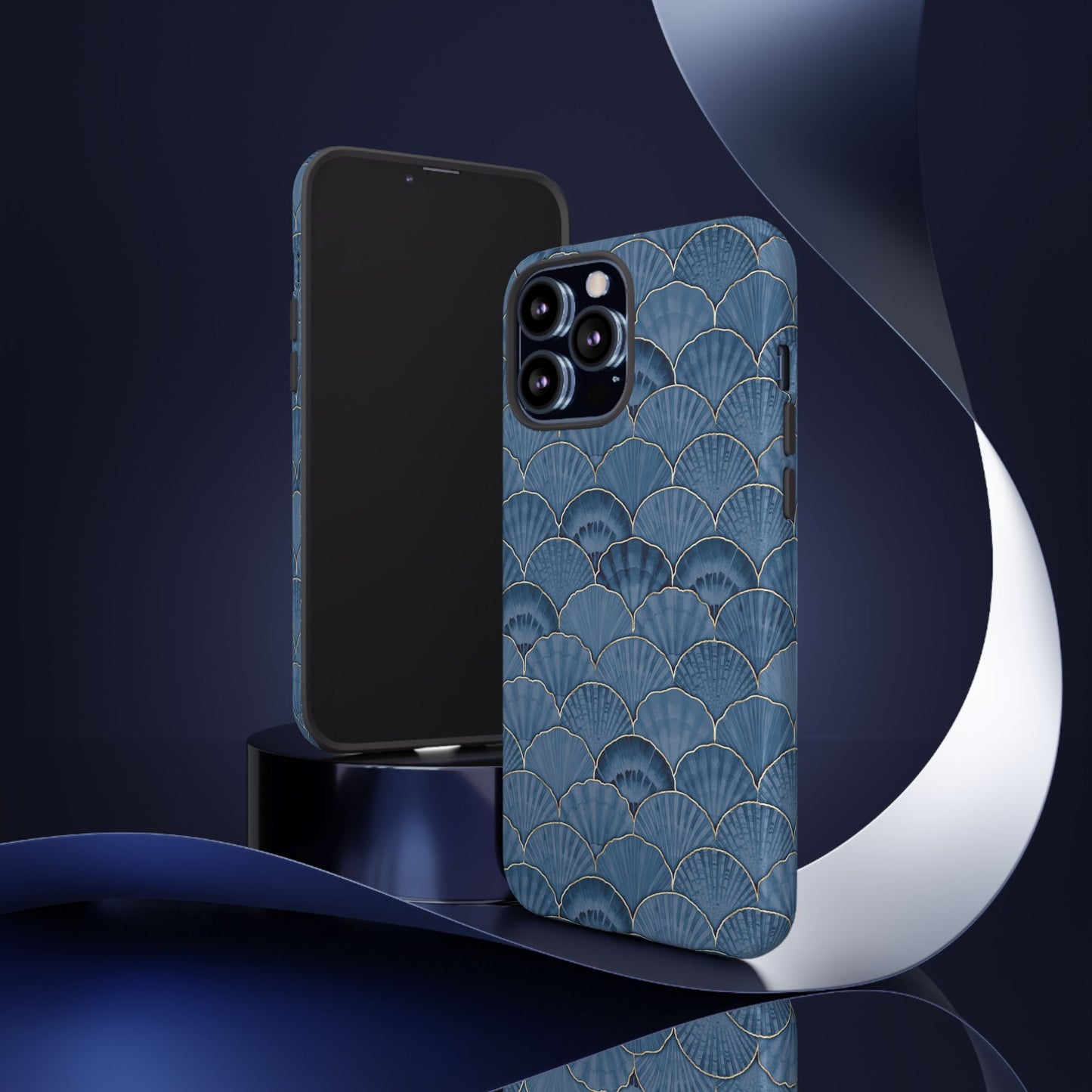 Blue Scallop Phone Case for iPhone Samsung Pixel – Art Deco Fan Gold Luxury Aesthetic - JGUS