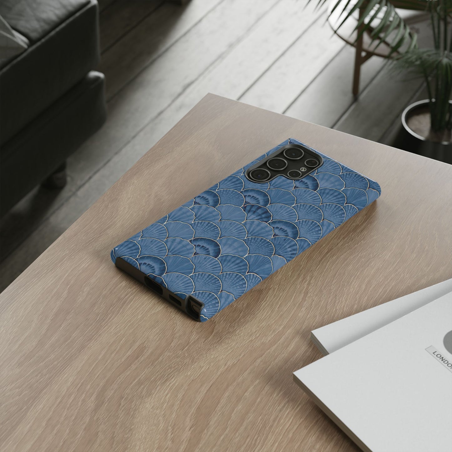 Blue Scallop Phone Case for iPhone Samsung Pixel – Art Deco Fan Gold Luxury Aesthetic - JGUS