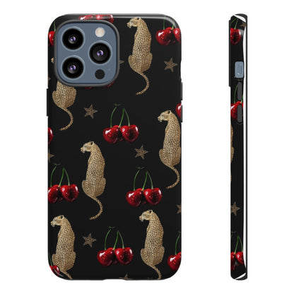 Cherry Leopard Phone Case – Glossy Black Protective Case for iPhone & Samsung
