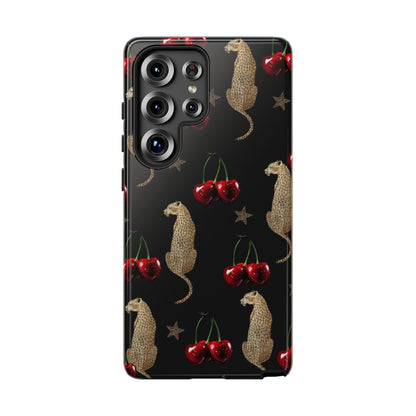 Cherry Leopard Phone Case – Glossy Black Protective Case for iPhone & Samsung