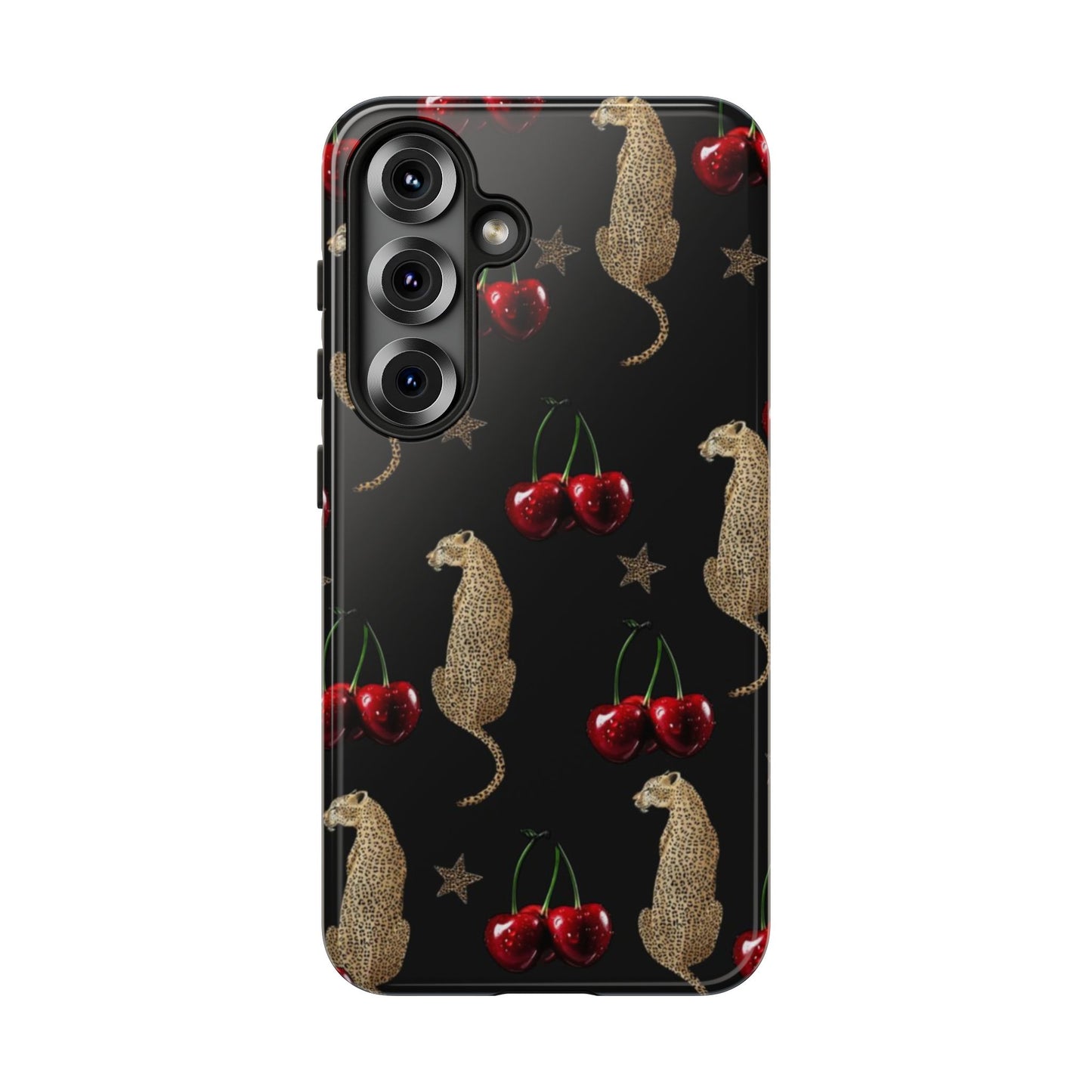 Cherry Leopard Phone Case – Glossy Black Protective Case for iPhone & Samsung