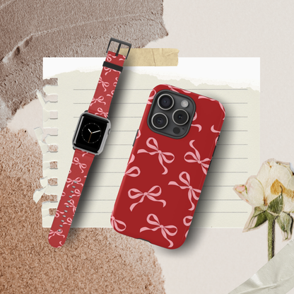 Pink Bows on Red Apple Watch Band