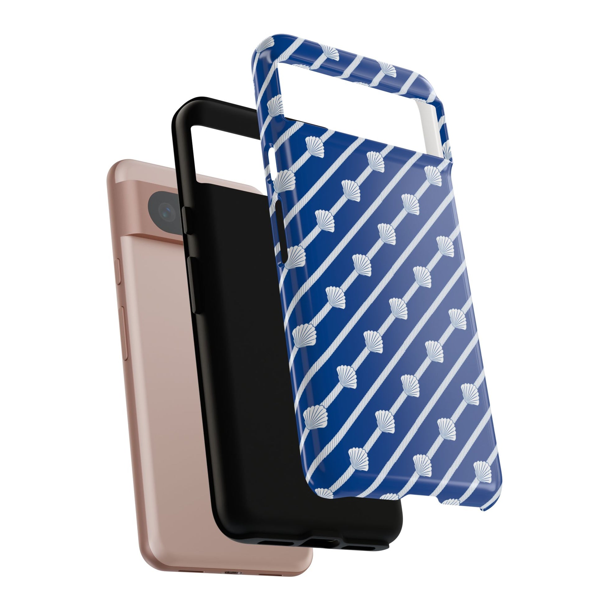 Navy Blue Seashell Phone Case for iPhone Samsung Pixel – Nautical Coastal Stripe Aesthetic - JGUS