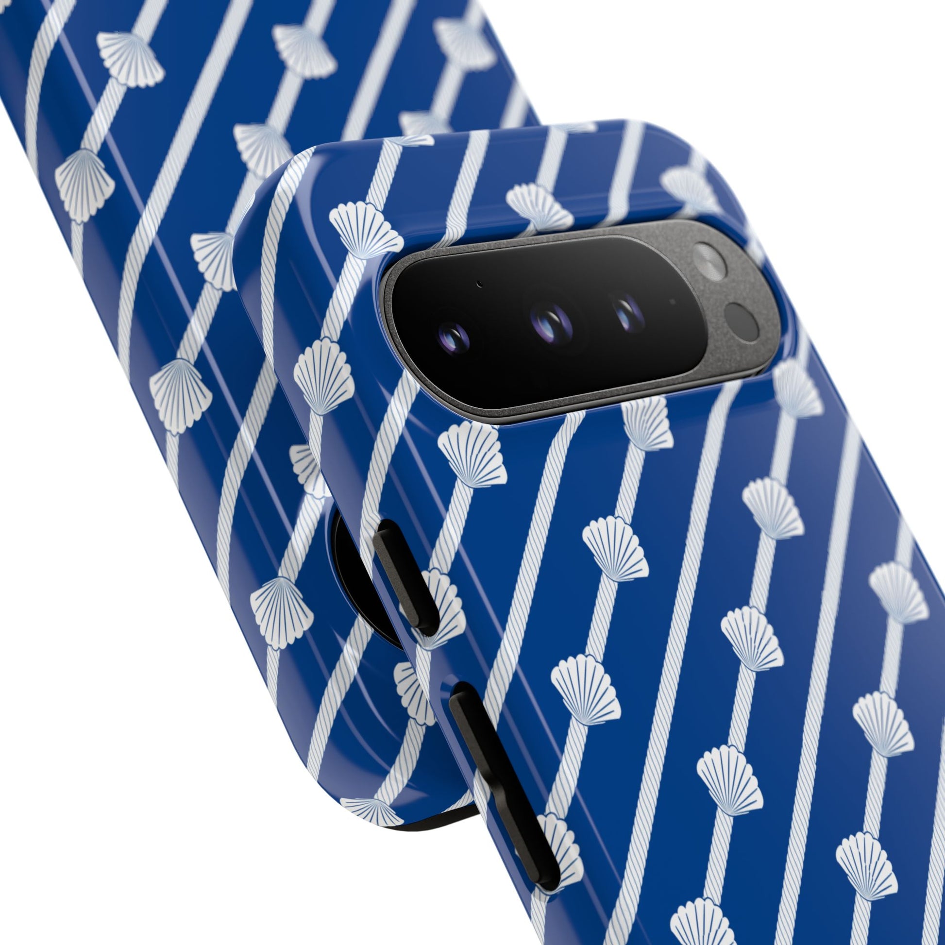 Navy Blue Seashell Phone Case for iPhone Samsung Pixel – Nautical Coastal Stripe Aesthetic - JGUS