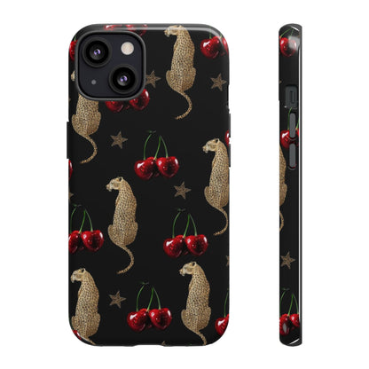 Cherry Leopard Phone Case – Glossy Black Protective Case for iPhone & Samsung