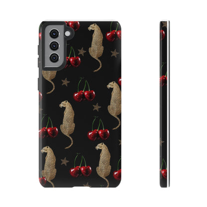 Cherry Leopard Phone Case – Glossy Black Protective Case for iPhone & Samsung