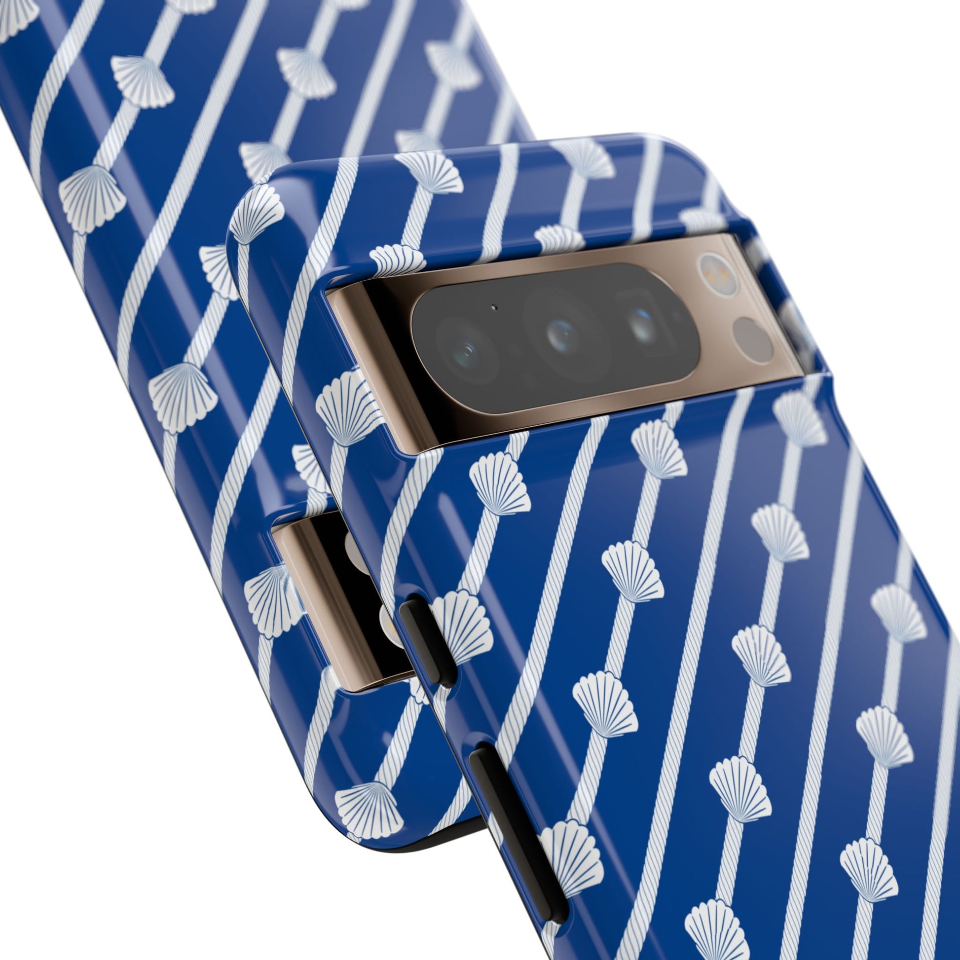 Navy Blue Seashell Phone Case for iPhone Samsung Pixel – Nautical Coastal Stripe Aesthetic - JGUS