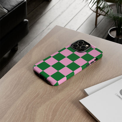 Pink Retro Checkered Phone Case – 90s Aesthetic, Vintage Grid Pattern for iPhone & Samsung - JGUS