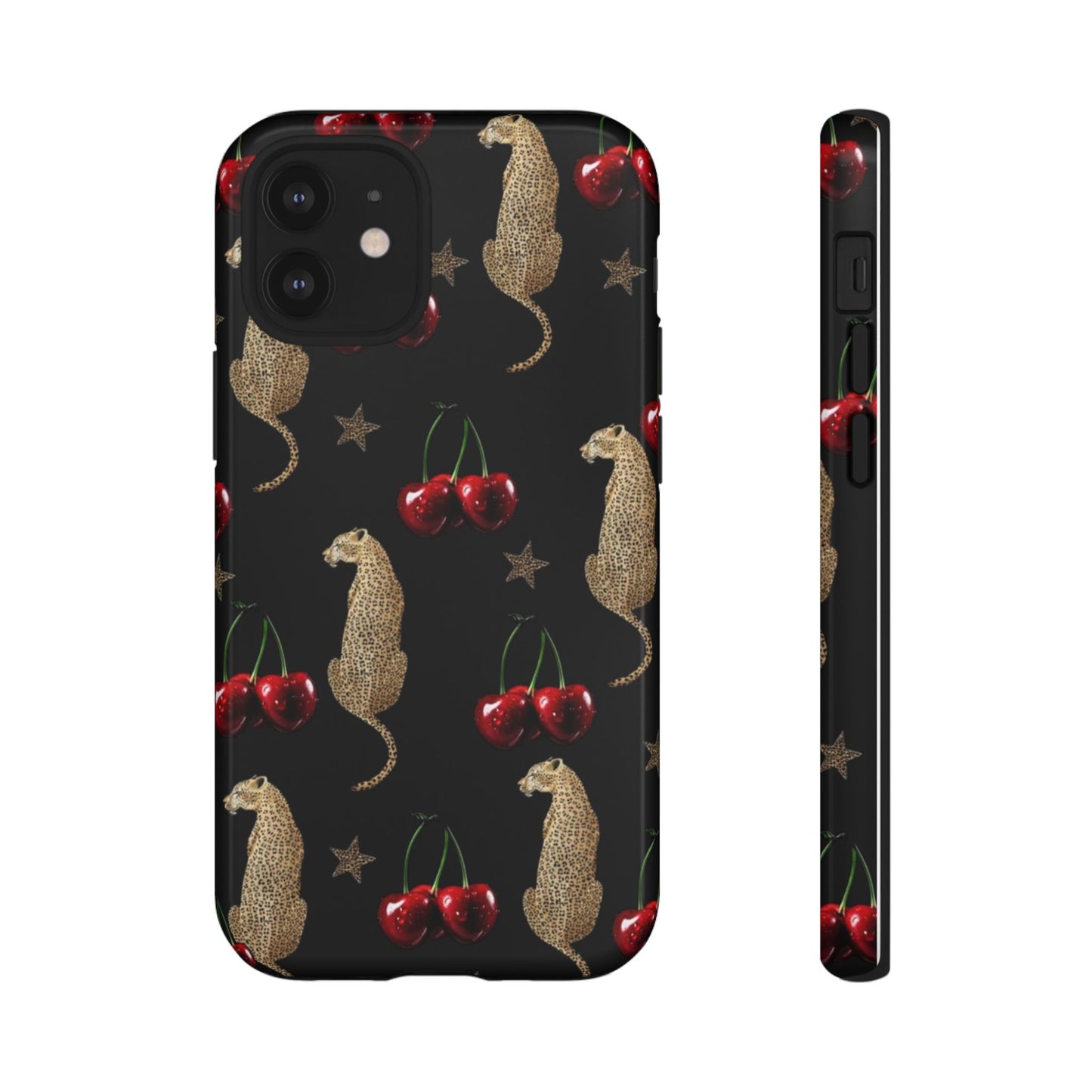 Cherry Leopard Phone Case – Glossy Black Protective Case for iPhone & Samsung