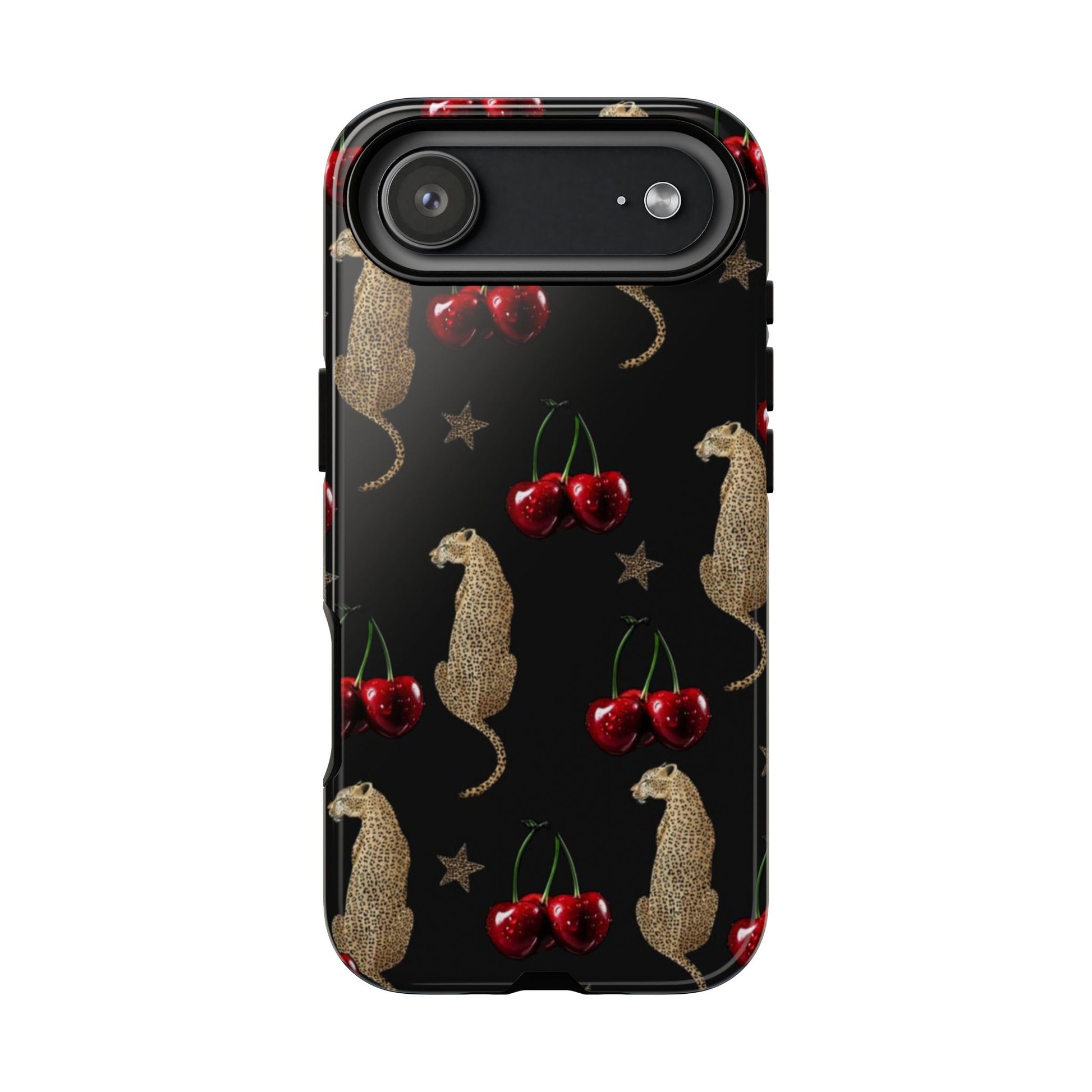 Cherry Leopard Phone Case – Glossy Black Protective Case for iPhone & Samsung - JGUS