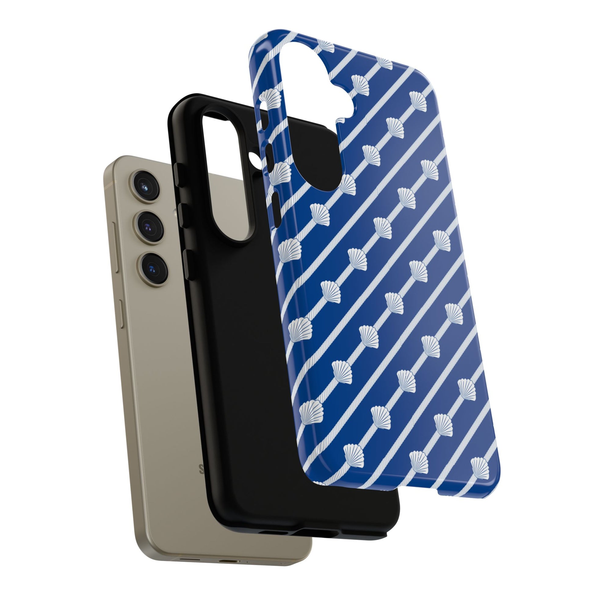 Navy Blue Seashell Phone Case for iPhone Samsung Pixel – Nautical Coastal Stripe Aesthetic - JGUS