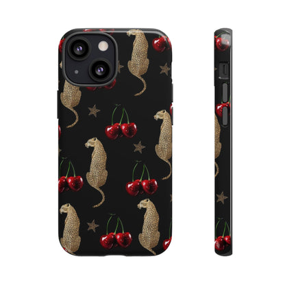 Cherry Leopard Phone Case – Glossy Black Protective Case for iPhone & Samsung