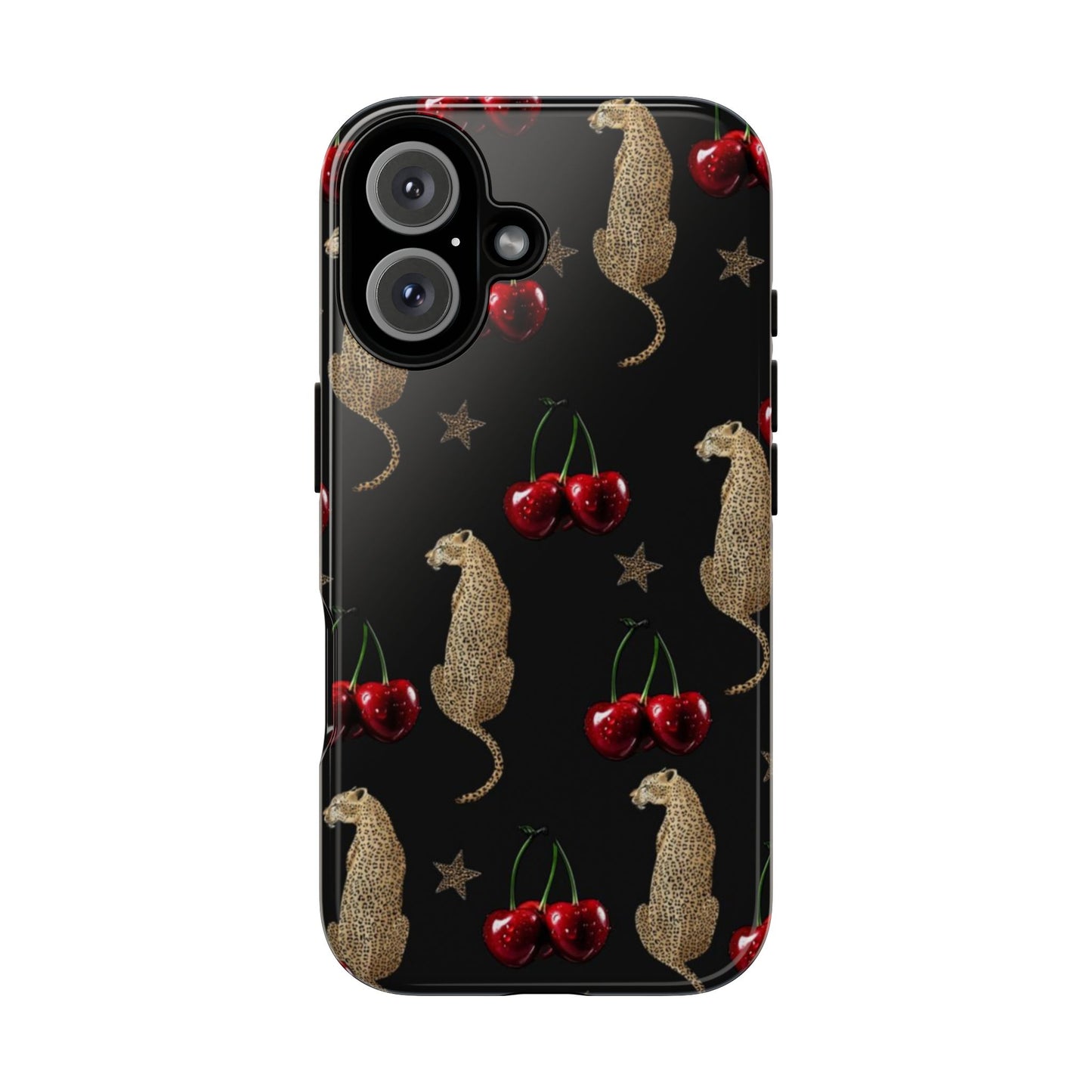 Cherry Leopard Phone Case – Glossy Black Protective Case for iPhone & Samsung