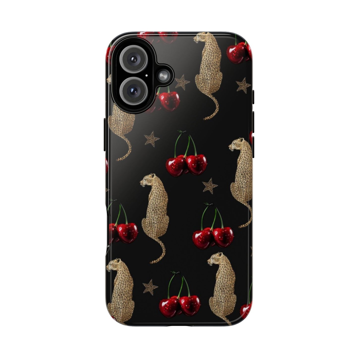 Cherry Leopard Phone Case – Glossy Black Protective Case for iPhone & Samsung