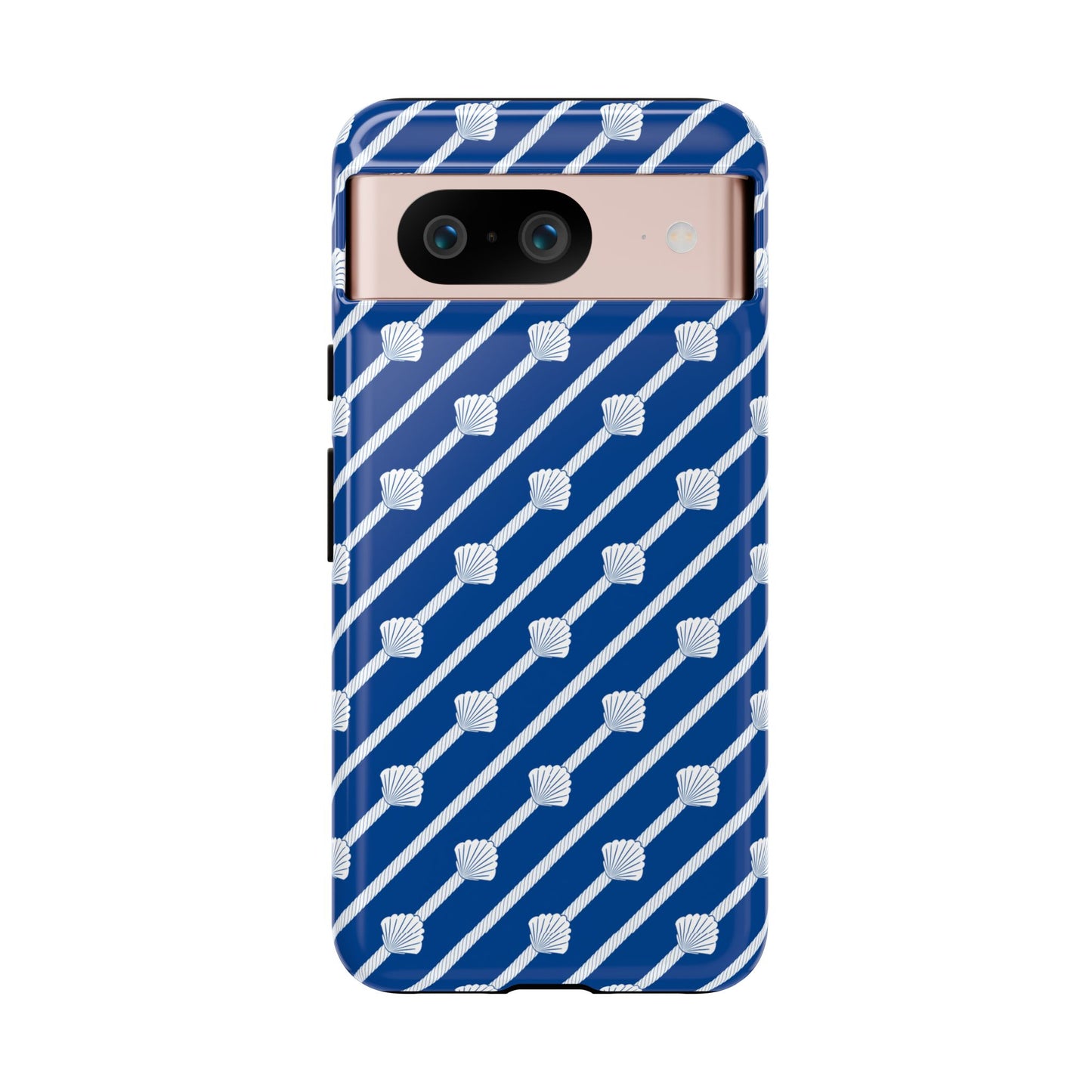 Navy Blue Seashell Phone Case for iPhone Samsung Pixel – Nautical Coastal Stripe Aesthetic - JGUS