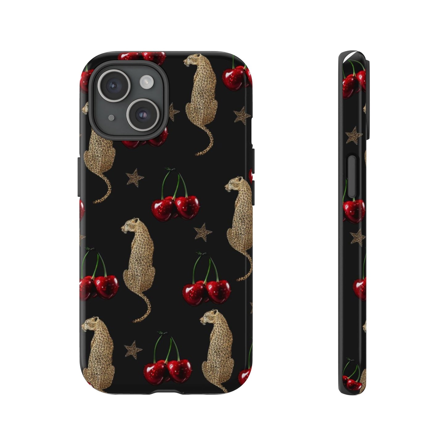 Cherry Leopard Phone Case – Glossy Black Protective Case for iPhone & Samsung