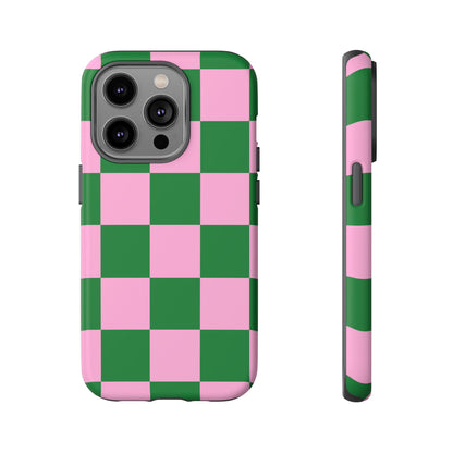 Pink Retro Checkered Phone Case – 90s Aesthetic, Vintage Grid Pattern for iPhone & Samsung - JGUS