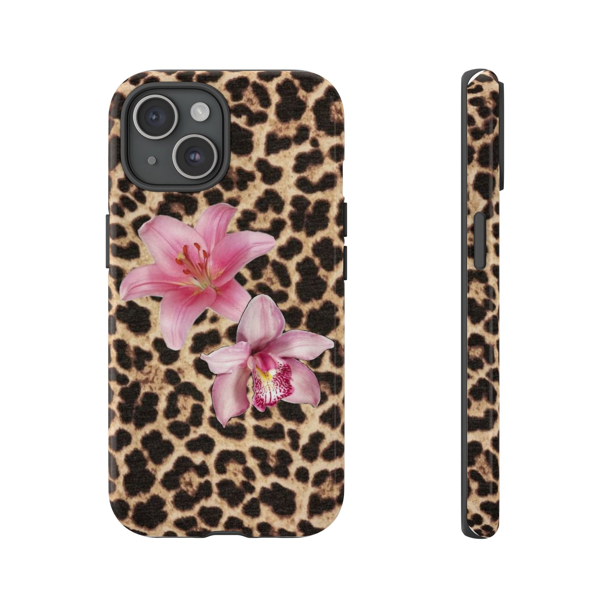 Leopard Print Phone Case with Pink Flowers – Stylish Floral Animal Design for iPhone & Samsung - JGUS