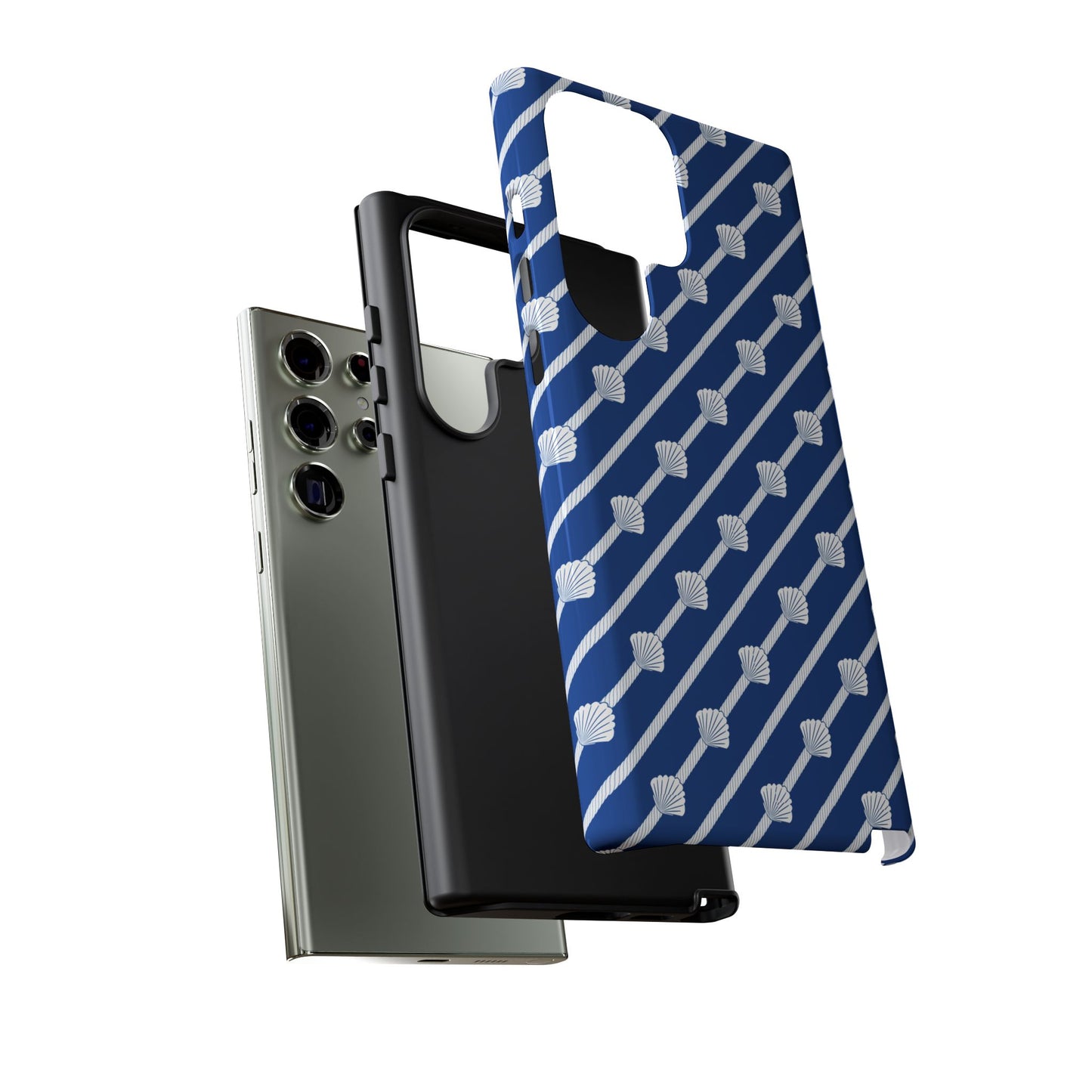 Navy Blue Seashell Phone Case for iPhone Samsung Pixel – Nautical Coastal Stripe Aesthetic - JGUS