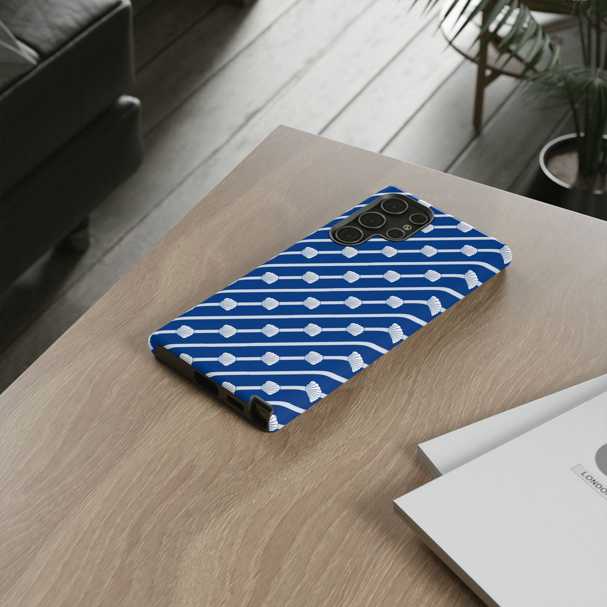 Navy Blue Seashell Phone Case for iPhone Samsung Pixel – Nautical Coastal Stripe Aesthetic - JGUS