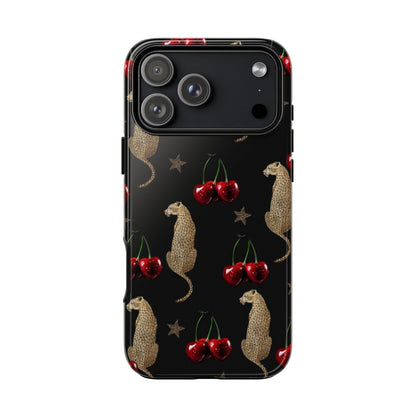 Cherry Leopard Phone Case – Glossy Black Protective Case for iPhone & Samsung