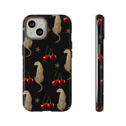 Cherry Leopard Phone Case – Glossy Black Protective Case for iPhone & Samsung