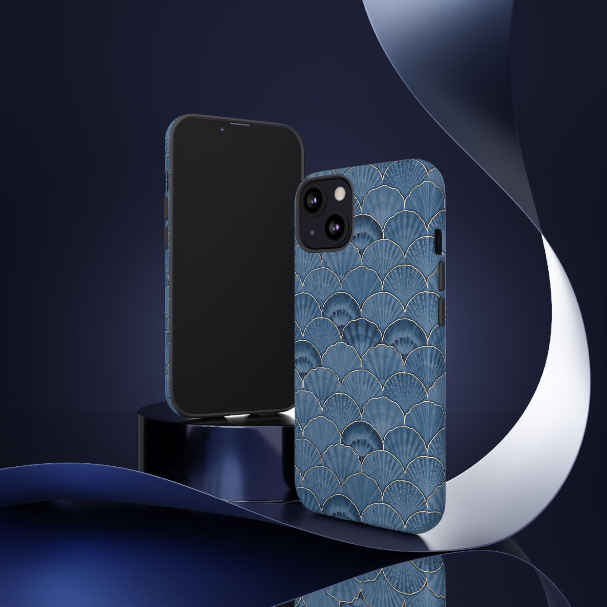 Blue Scallop Phone Case for iPhone Samsung Pixel – Art Deco Fan Gold Luxury Aesthetic - JGUS