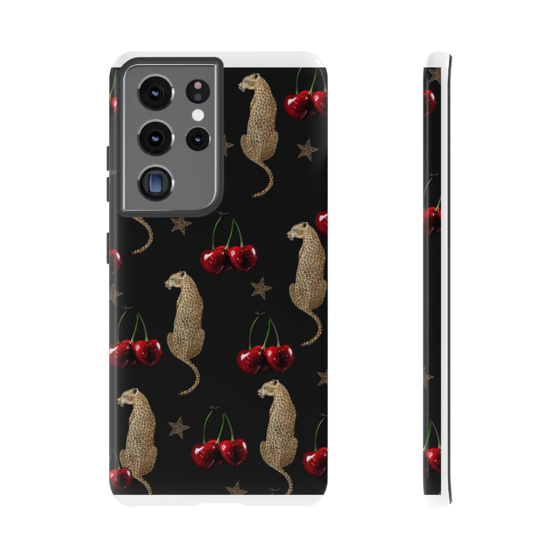 Cherry Leopard Phone Case – Glossy Black Protective Case for iPhone & Samsung - JGUS