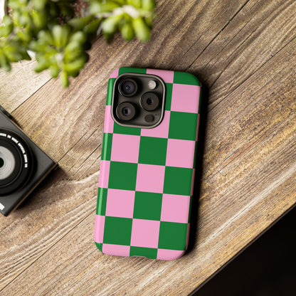 Pink Retro Checkered Phone Case – 90s Aesthetic, Vintage Grid Pattern for iPhone & Samsung - JGUS