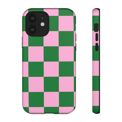 Pink Retro Checkered Phone Case – 90s Aesthetic, Vintage Grid Pattern for iPhone & Samsung - JGUS