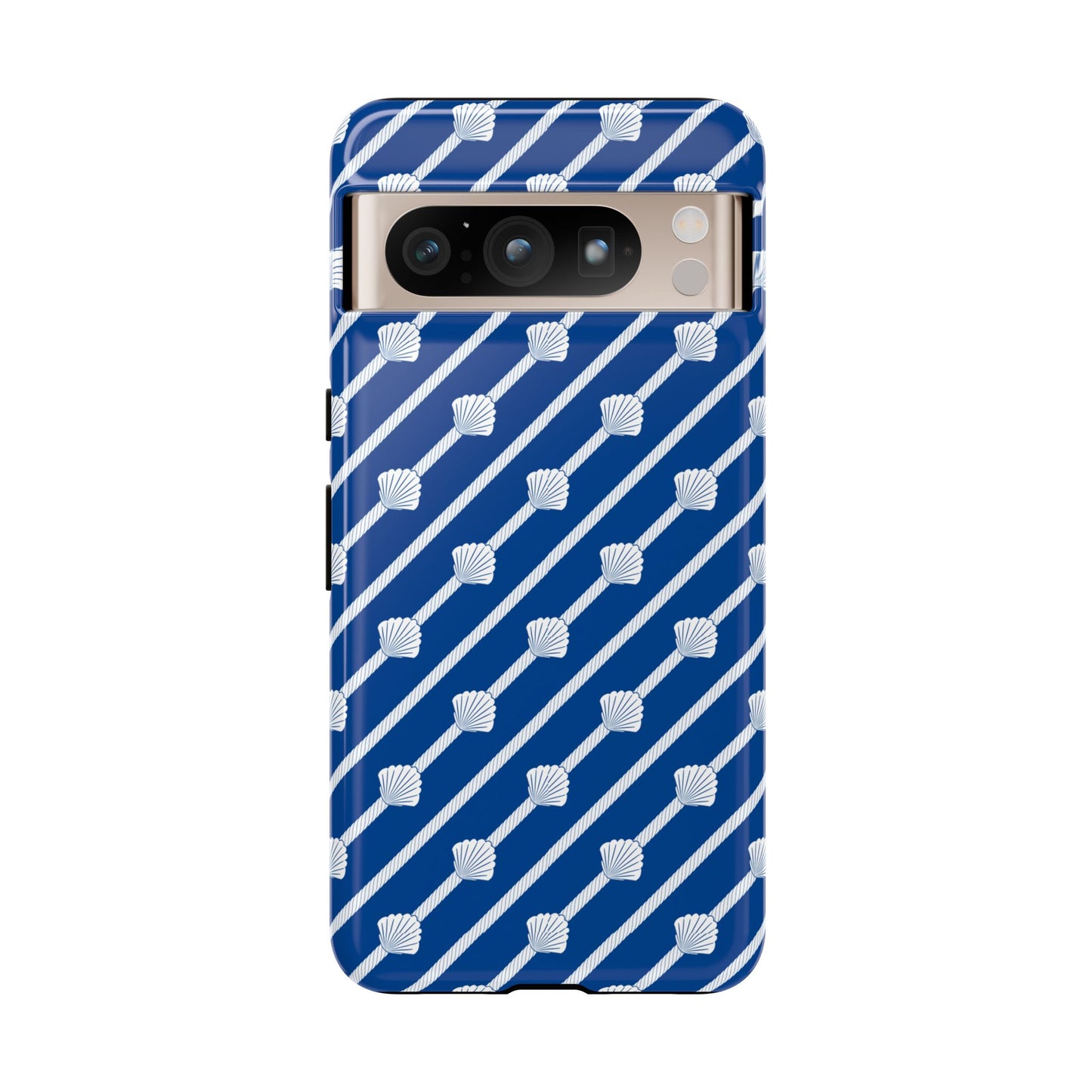 Navy Blue Seashell Phone Case for iPhone Samsung Pixel – Nautical Coastal Stripe Aesthetic - JGUS
