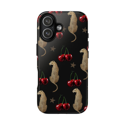 Cherry Leopard Phone Case – Glossy Black Protective Case for iPhone & Samsung