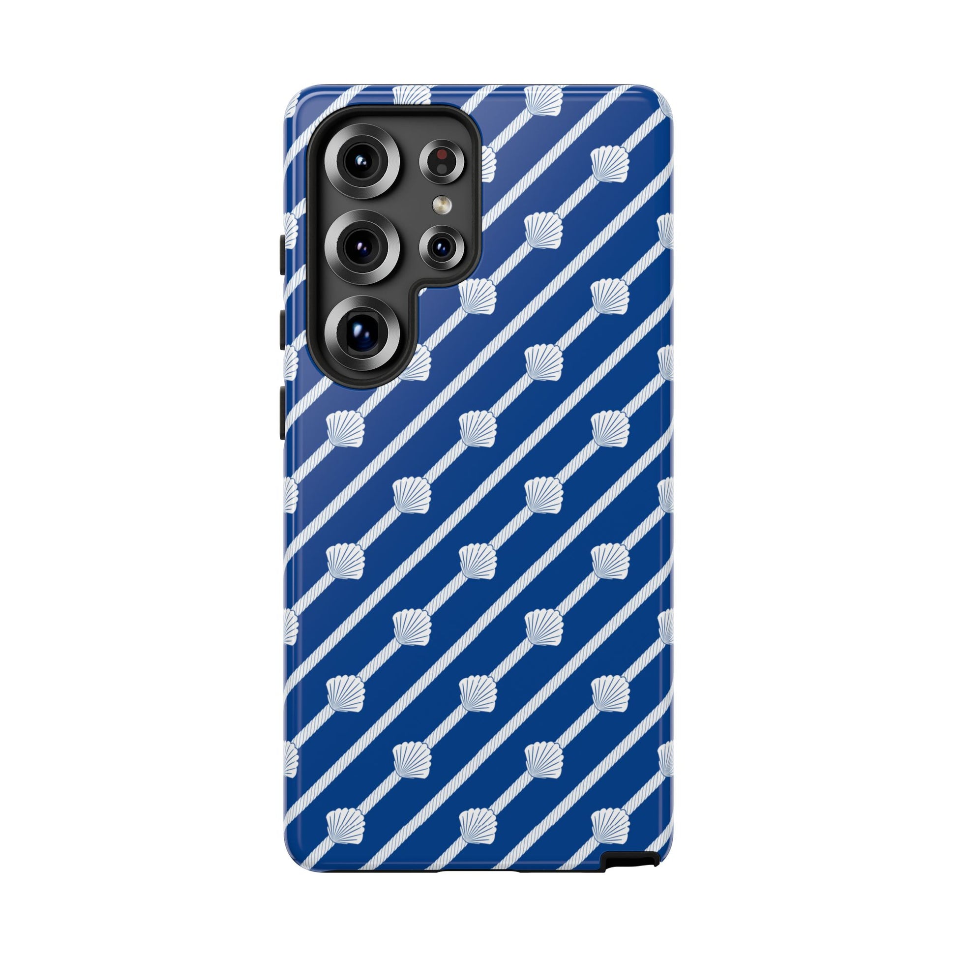 Navy Blue Seashell Phone Case for iPhone Samsung Pixel – Nautical Coastal Stripe Aesthetic - JGUS