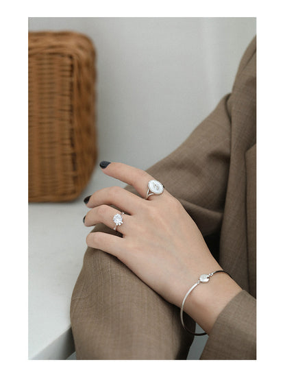 S925 Sterling Silver Oval Shell Geometric Ring | Unique Statement Jewelry for Women | Elegant Gift for Her