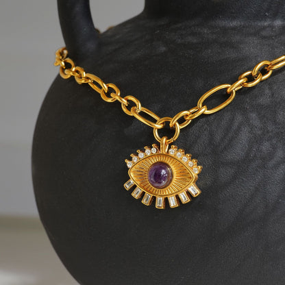 Gold Titanium Steel Lucky Eye Zircon Pendant Necklace | Unique Protection Jewelry