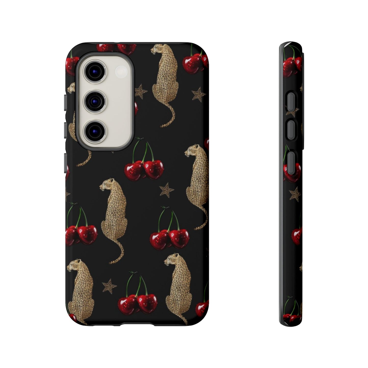 Cherry Leopard Phone Case – Glossy Black Protective Case for iPhone & Samsung