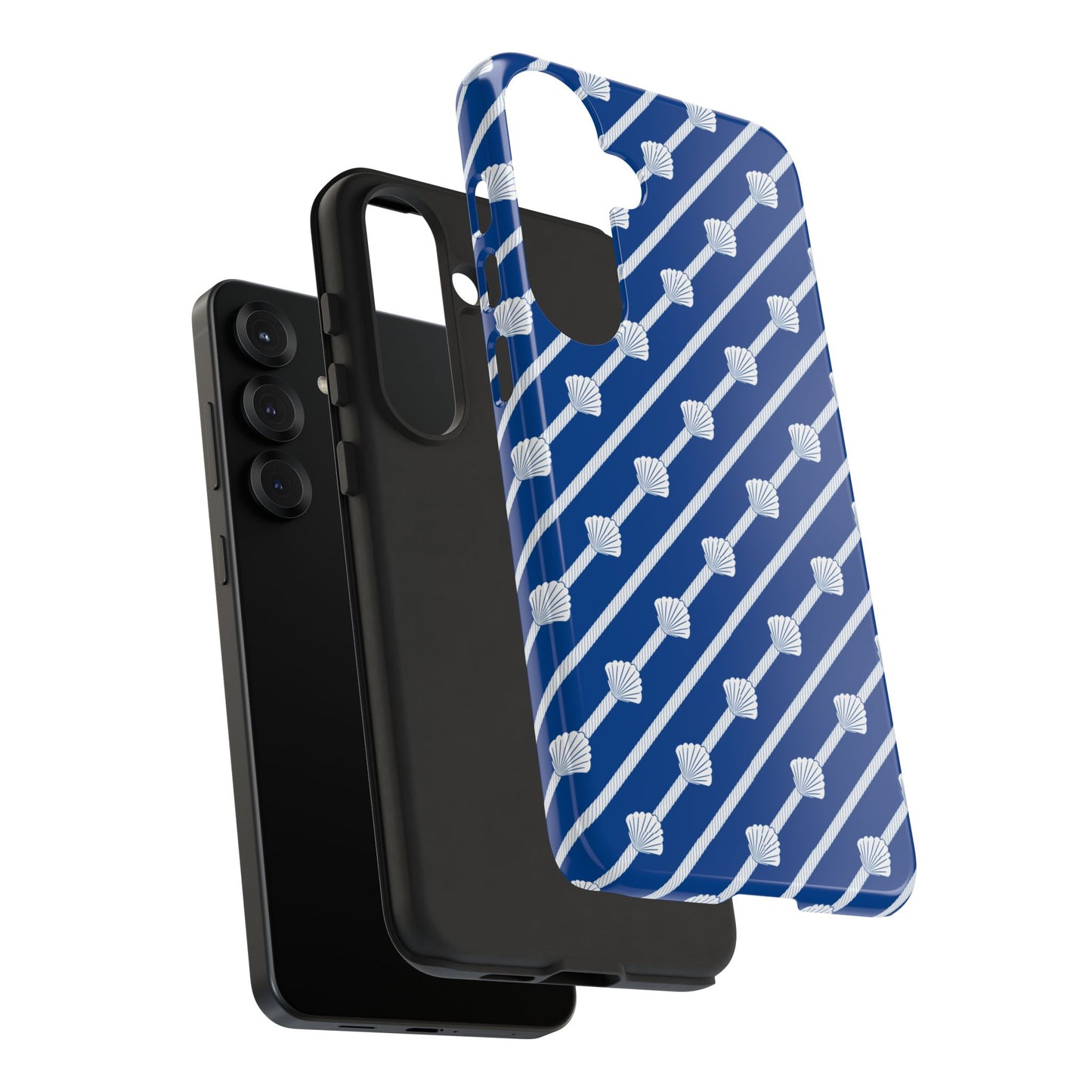 Navy Blue Seashell Phone Case for iPhone Samsung Pixel – Nautical Coastal Stripe Aesthetic - JGUS