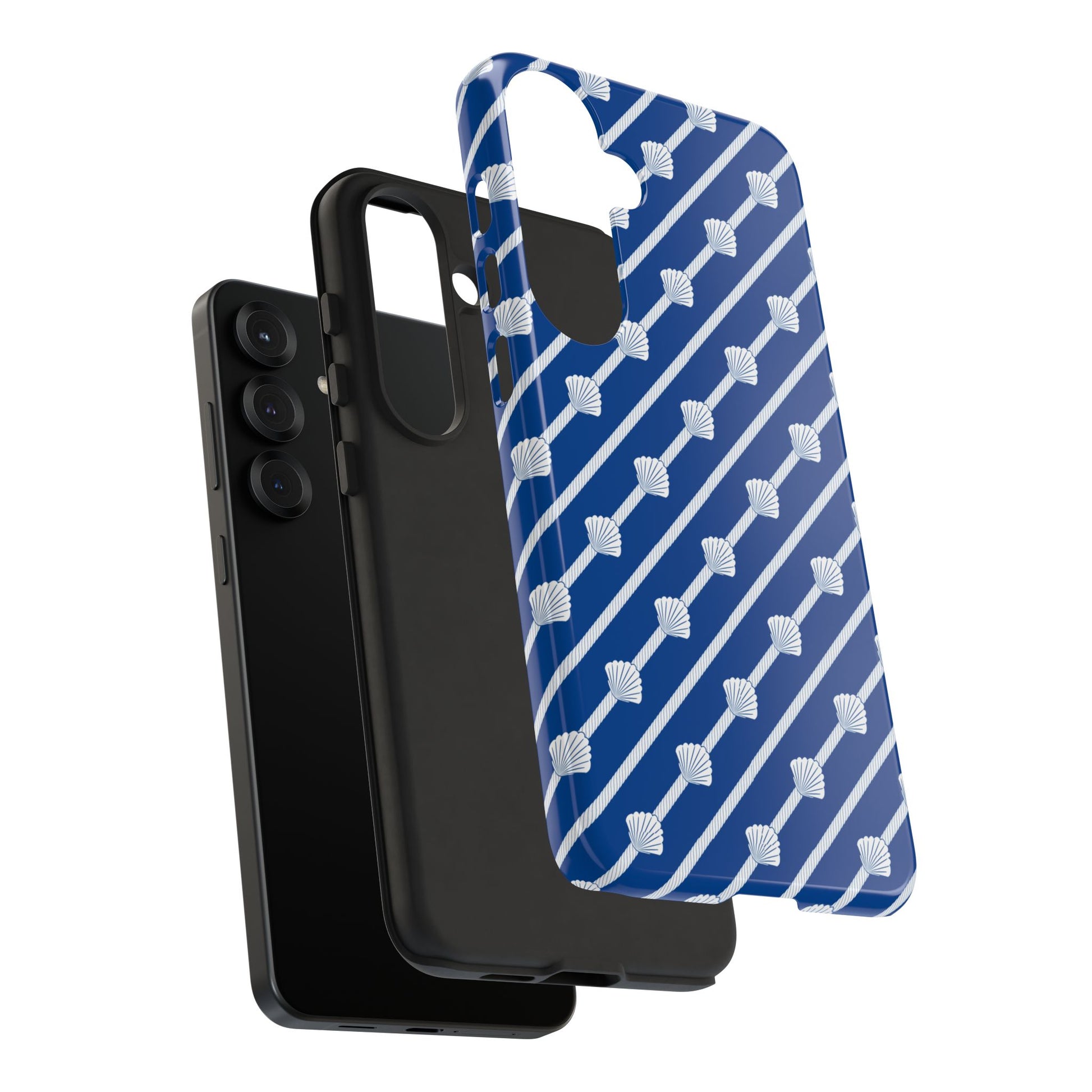 Navy Blue Seashell Phone Case for iPhone Samsung Pixel – Nautical Coastal Stripe Aesthetic - JGUS