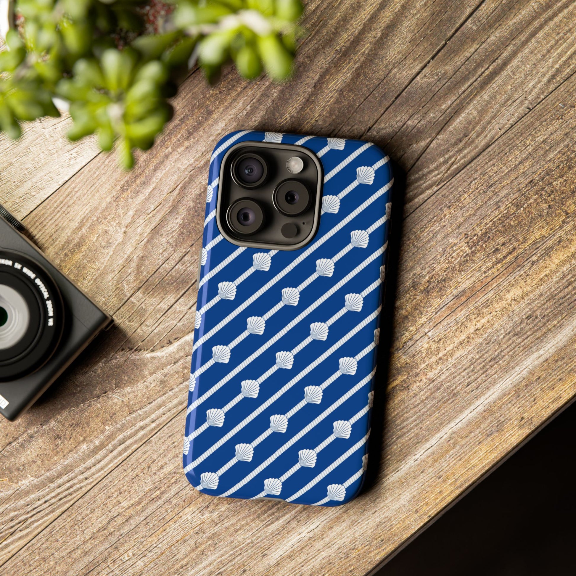 Navy Blue Seashell Phone Case for iPhone Samsung Pixel – Nautical Coastal Stripe Aesthetic - JGUS