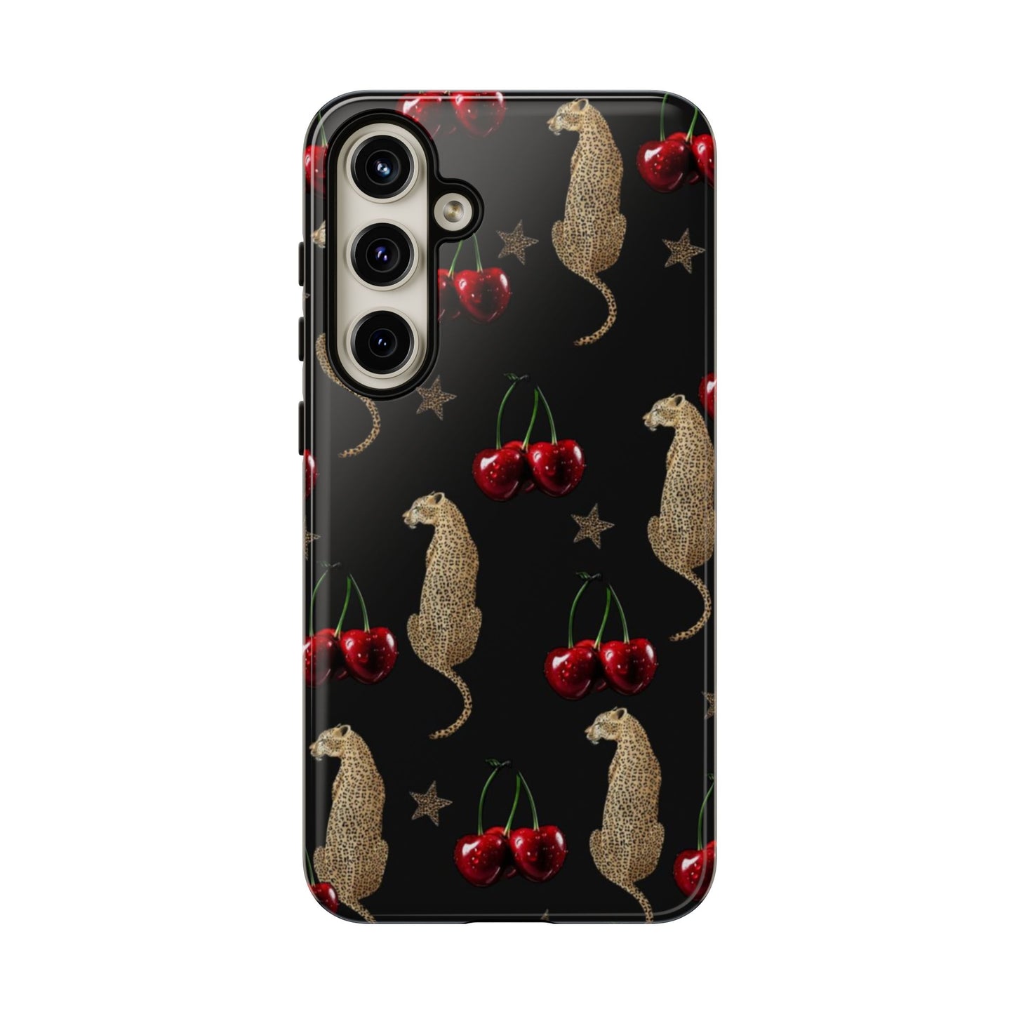 Cherry Leopard Phone Case – Glossy Black Protective Case for iPhone & Samsung